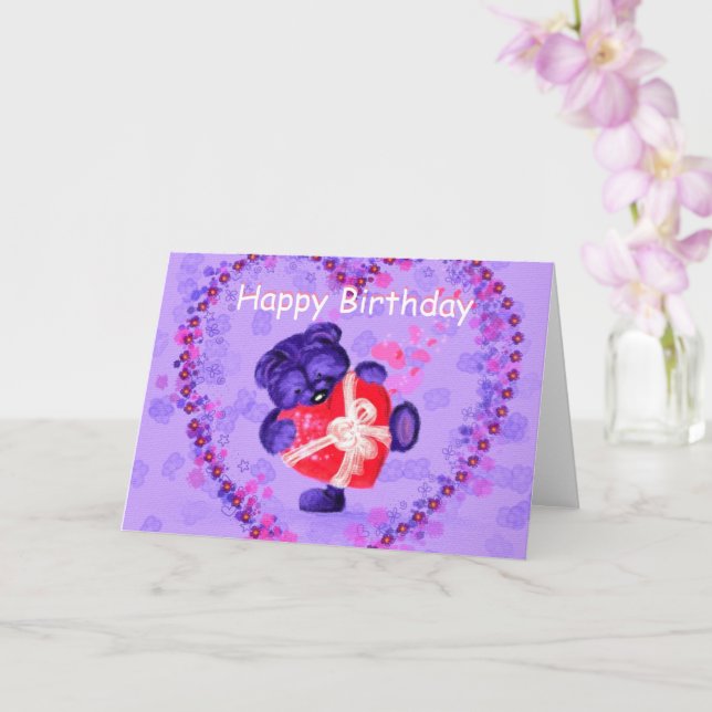 Happy Birthday Card Baby Bear with Heart Gift (Orchid)