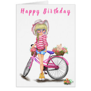 Happy Birthday Card Blonde Girl with Pink Bike