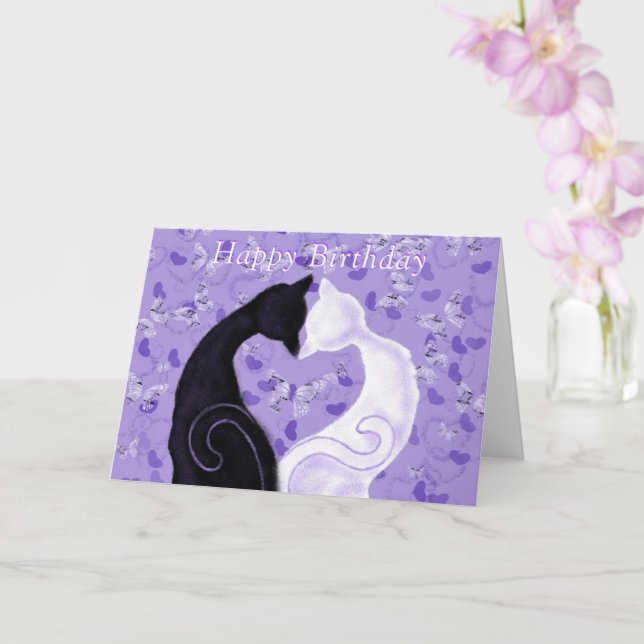 Happy Birthday Card Cats Couple Love Heart (Orchid)