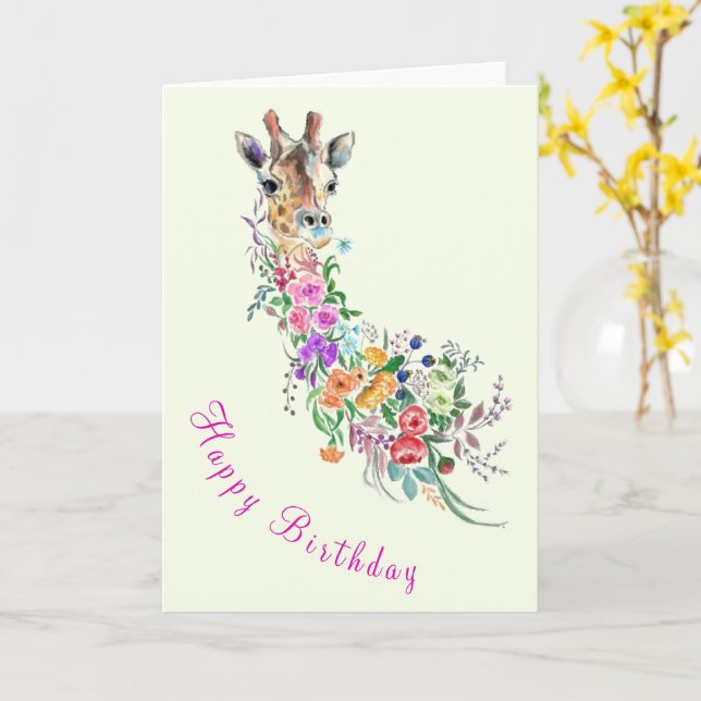 Happy Birthday Card Colourful Flowers Giraffe (Yellow Flower)