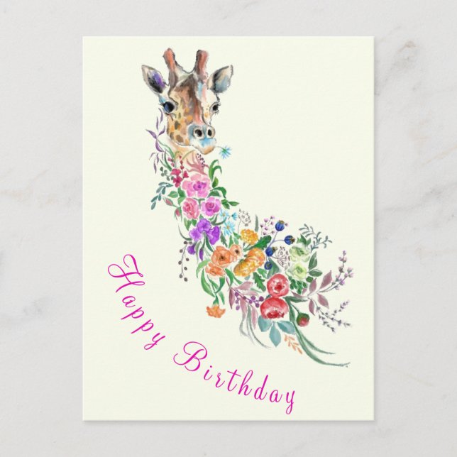 Happy Birthday Card Colourful Flowers Giraffe (Front)