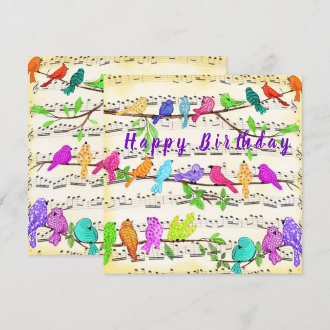 Happy Birthday Card Colourful Musical Birds Song (Front/Back)