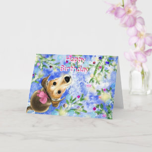 Happy Birthday Card Cute Pet Dog With Pink Ribbon