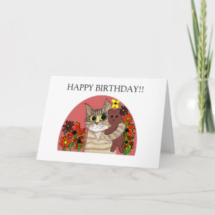 happy birthday card for children cat holding teddy