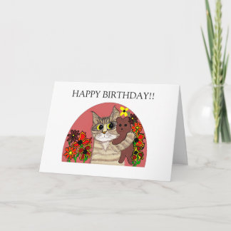 happy birthday card for children cat holding teddy