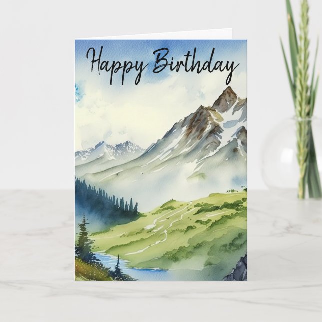 Happy Birthday Card For Him, Watercolor Mountains (Front)