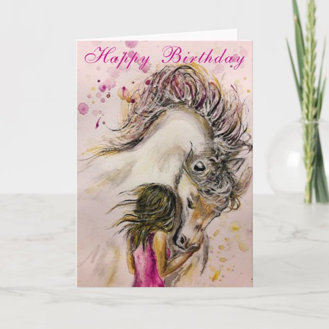 Happy Birthday Card Girl with Horse - Painting (Front)