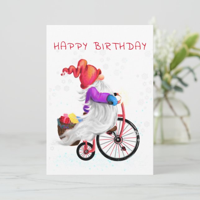 Happy Birthday Card Gnome with Bike and Gifts (Standing Front)