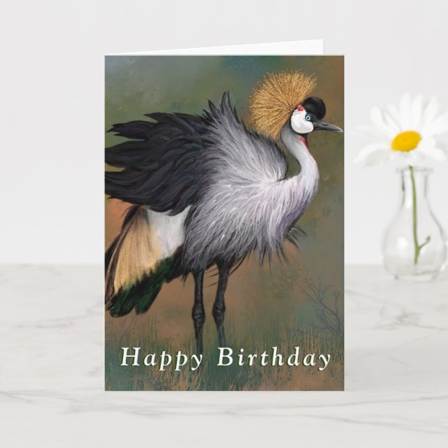 Happy Birthday Card Grey Crowned Crane Bird (Small Plant)