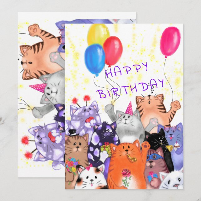 Happy Birthday Card Happy Cat Party Celebration (Front/Back)