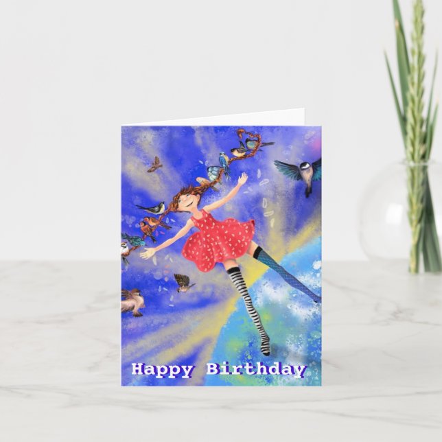 Happy Birthday Card - Happy Girl with Birds (Front)