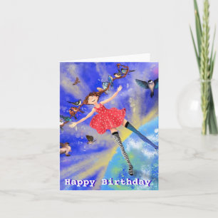 Happy Birthday Card - Happy Girl with Birds