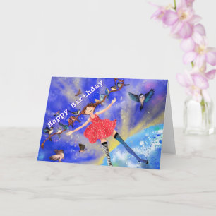 Happy Birthday Card Happy Girl with Birds
