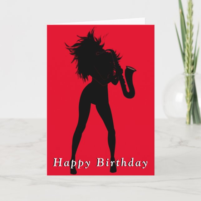 Happy Birthday Card Hot Saxo Jazz Girl Dancing (Front)