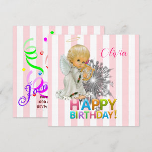 Happy Birthday Card Invitation Angel Pink
