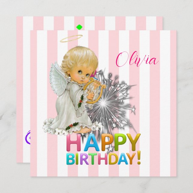 Happy Birthday Card Invitation Angel Pink (Front/Back)