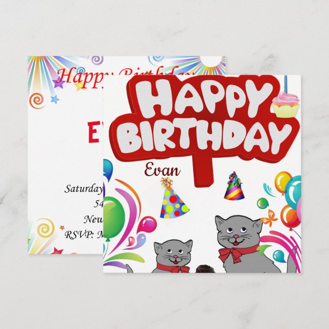 Happy Birthday Card Invitation Cats (Front/Back)