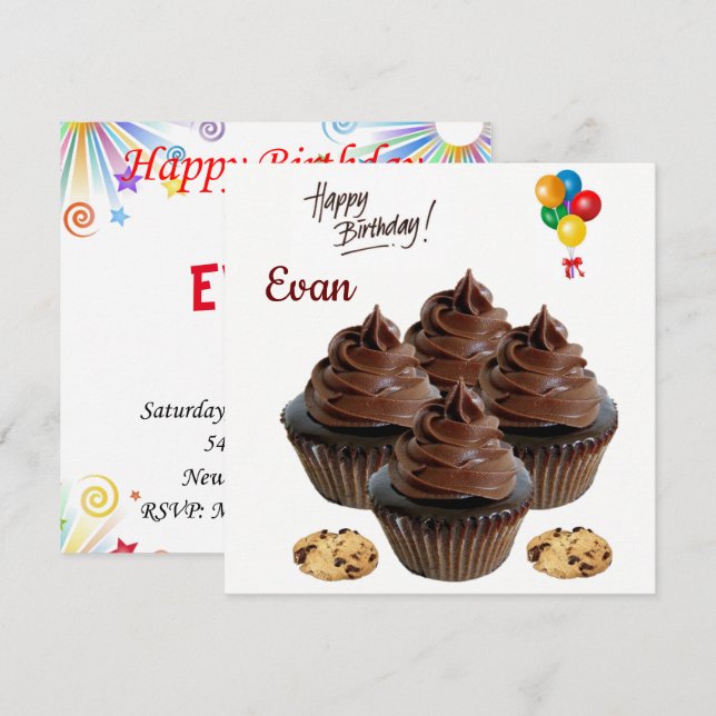 Happy Birthday Card Invitation Chocolate Cupcake (Front/Back)