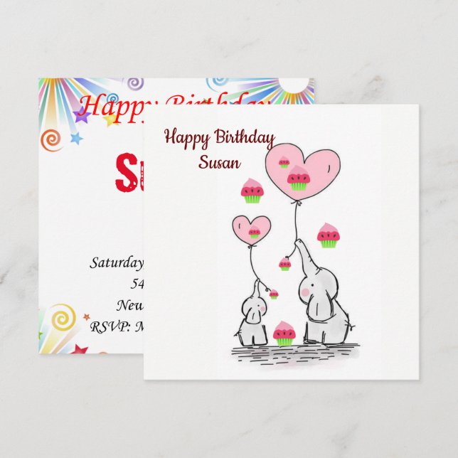 Happy Birthday Card Invitation Elephant (Front/Back)