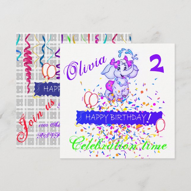 Happy Birthday Card Invitation Elephant (Front/Back)