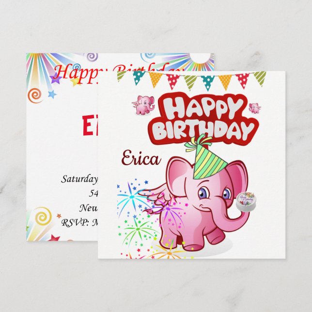 Happy Birthday Card Invitation Elephant (Front/Back)