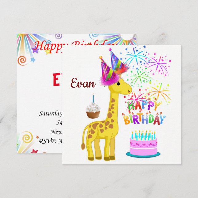 Happy Birthday Card Invitation Giraffe (Front/Back)