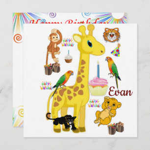 Happy Birthday Card Invitation Giraffe Monkey