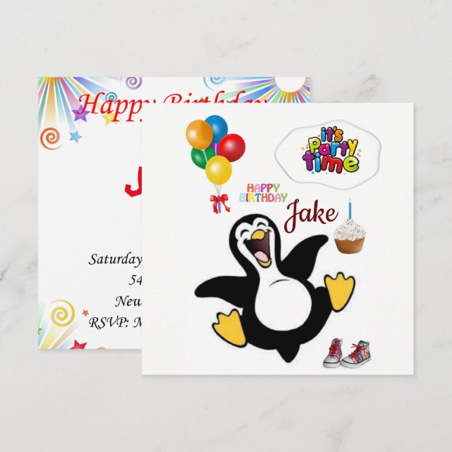 Happy Birthday Card Invitation Penguin (Front/Back)