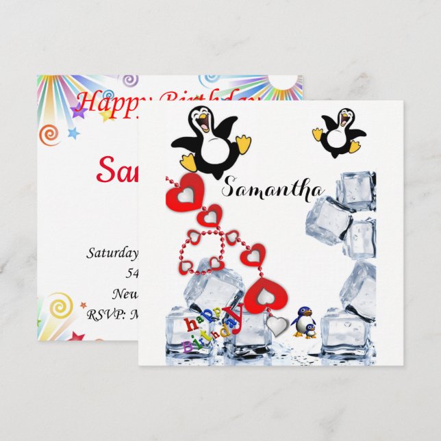 Happy Birthday Card Invitation Penguin (Front/Back)