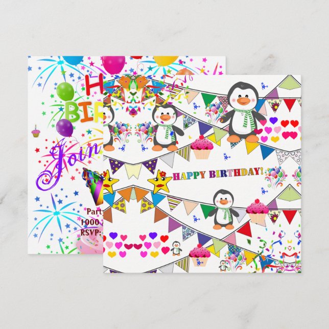 Happy Birthday Card Invitation Penguin (Front/Back)