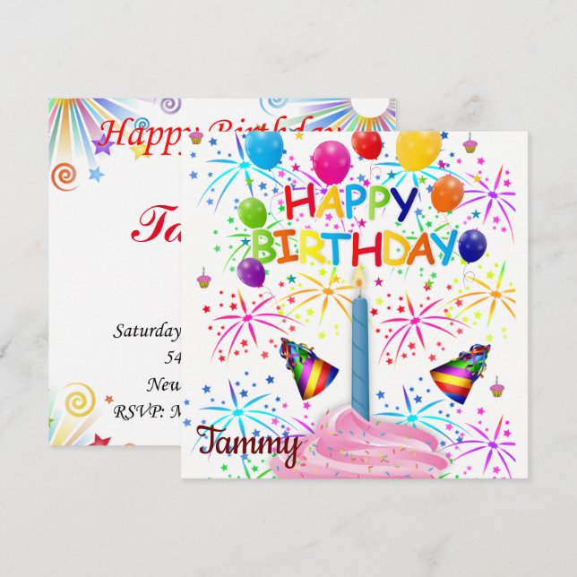 Happy Birthday Card Invitation Pink Cupcake (Front/Back)