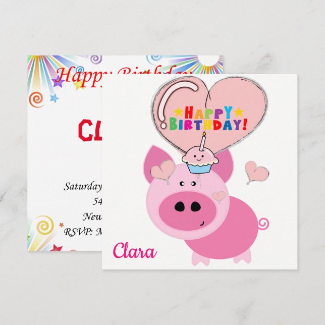 Happy Birthday Card Invitation Pink Pig (Front/Back)