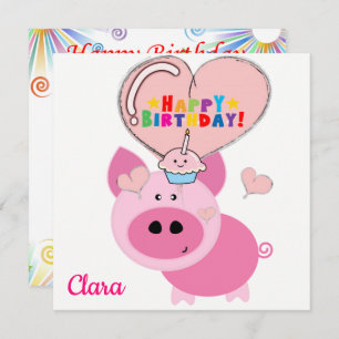 Happy Birthday Card Invitation Pink Pig