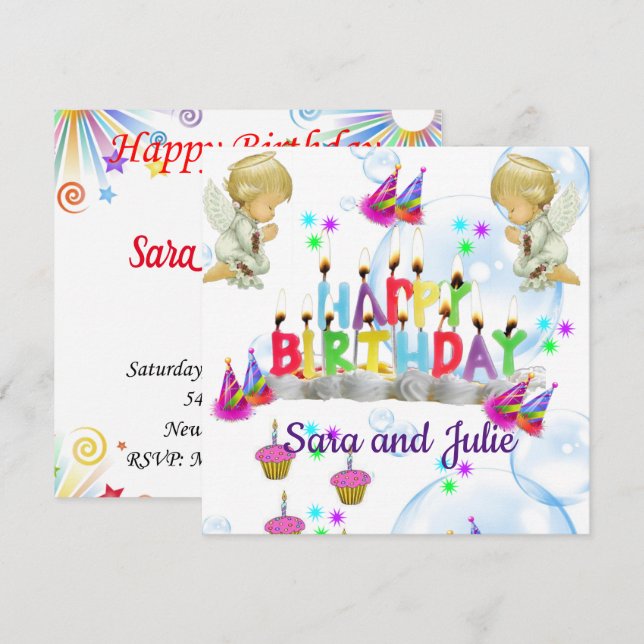 Happy Birthday Card Invitation Twin Angels (Front/Back)