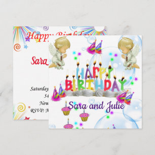 Happy Birthday Card Invitation Twin Angels