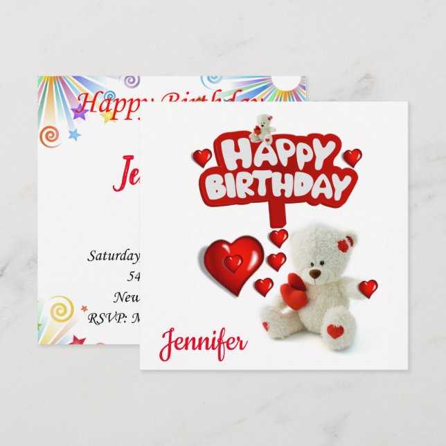 Happy Birthday Card Invitation White Teddy Bear (Front/Back)