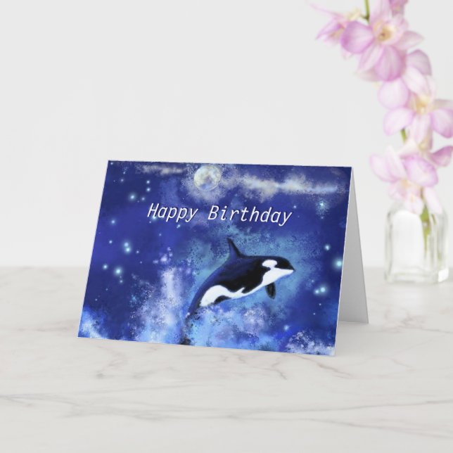 Happy Birthday Card Killer Whales on Full Moon (Orchid)