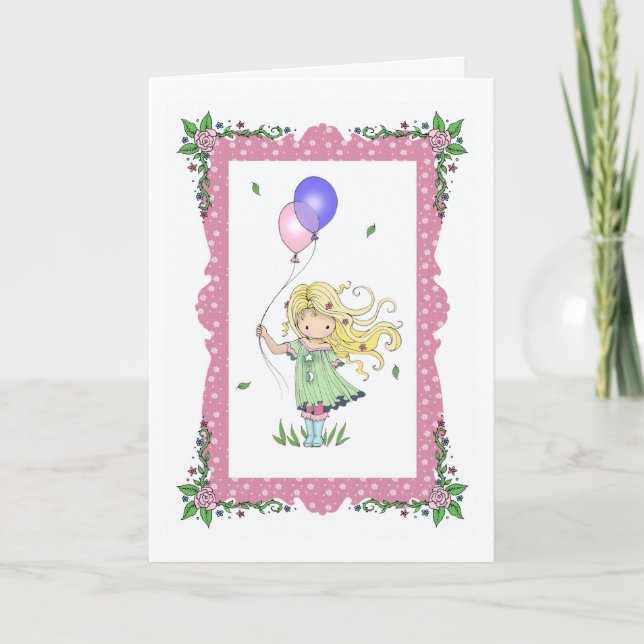 Happy Birthday Card Little Girl Holding Balloons (Front)