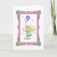 Happy Birthday Card Little Girl Holding Balloons