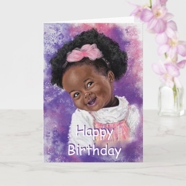Happy Birthday Card Little Girl With Pink Ribbon (Orchid)