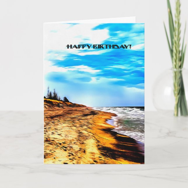 Happy Birthday Card Over Ocean & Beach Card (Front)