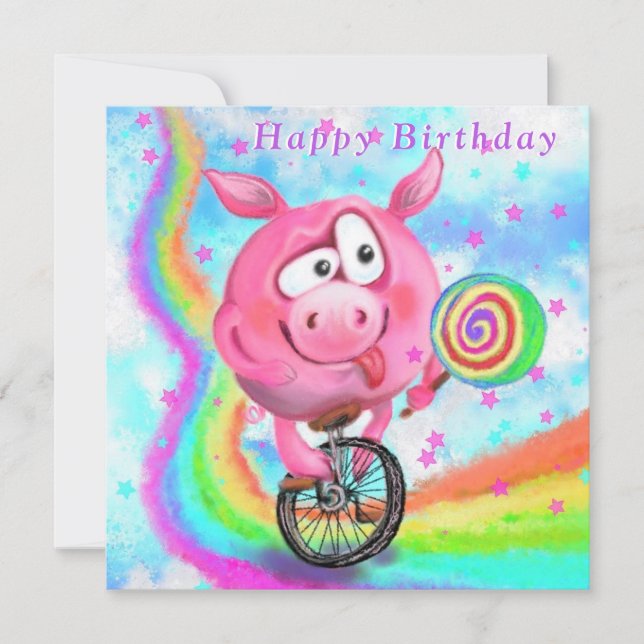 Happy Birthday Card - Piggy Cyclist with Lollipop (Front)