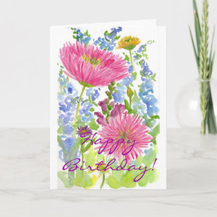Happy Birthday Card Pink Dahlia Bouquet Watercolor
