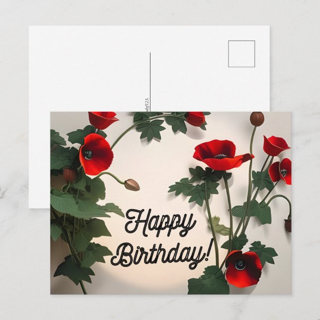 Happy Birthday Card, Poppies flowers,  Postcard (Front/Back)