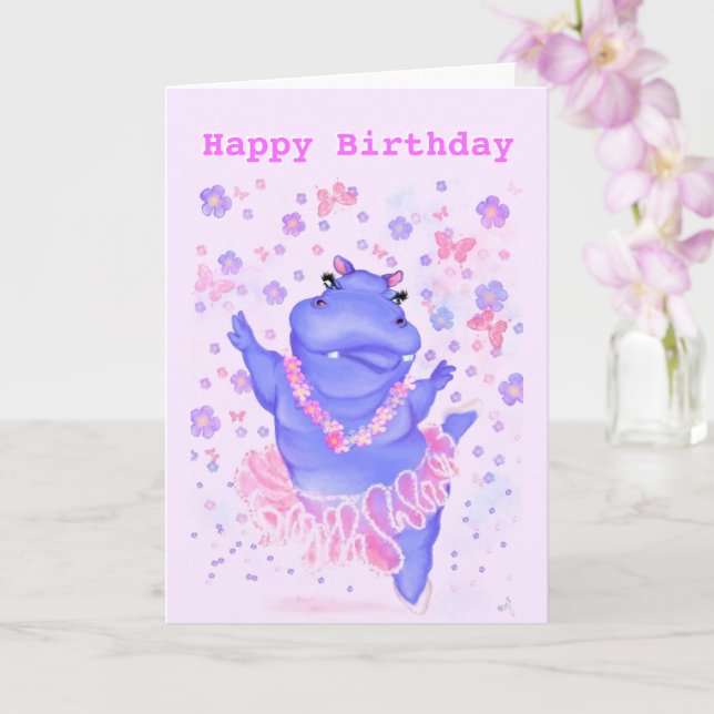 Happy Birthday Card Prima Ballerina Hippo Cartoon (Orchid)