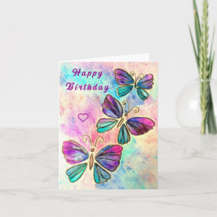 Happy Birthday Card Purple Pink Butterflies