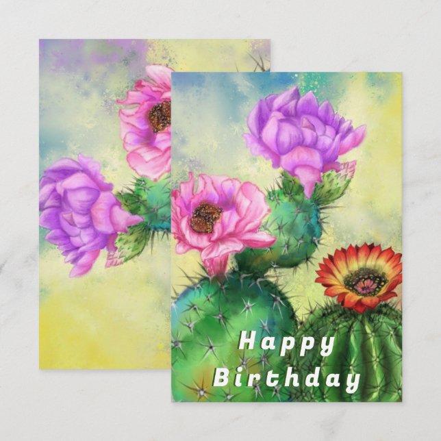 Happy Birthday Card Purple Pink Red Cactus Flowers (Front/Back)