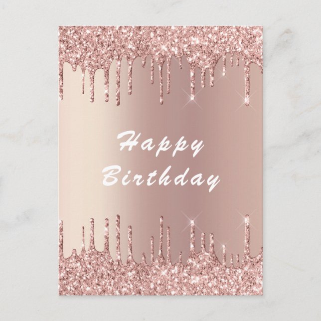 Happy Birthday Card Rose Gold Blush Glitter Drips (Front)