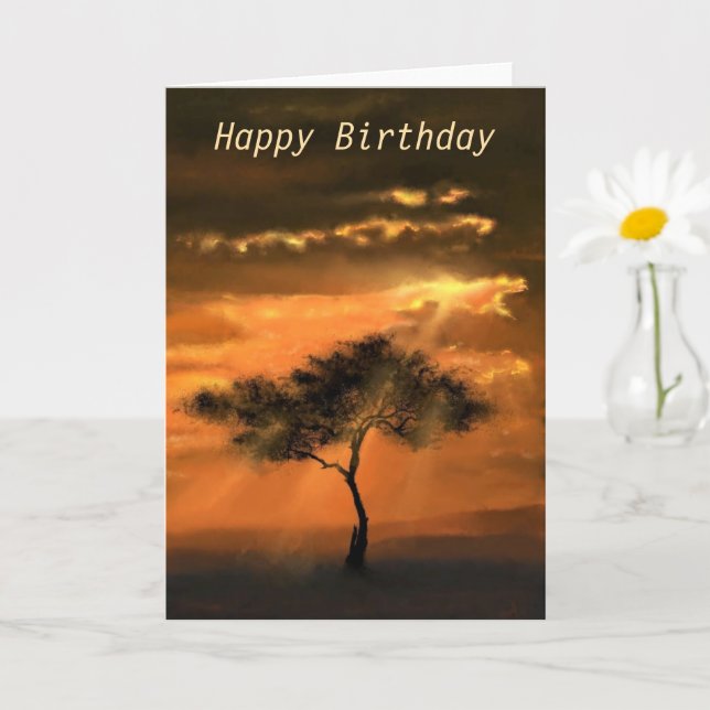 Happy Birthday Card Sunset Tree Sunbeams (Small Plant)