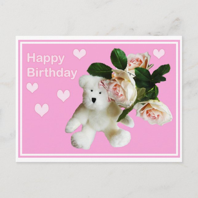 Happy Birthday card Teddy bear and pink rose (Front)